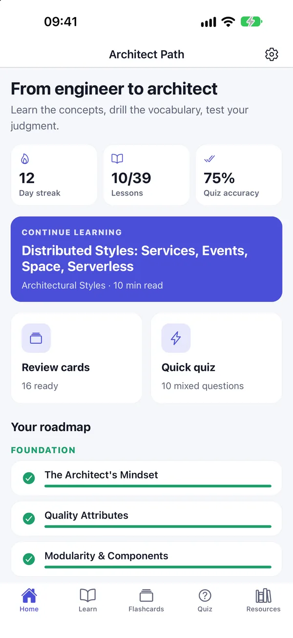 The home screen: a 12-day streak, 10 of 39 lessons done and a Continue learning card.