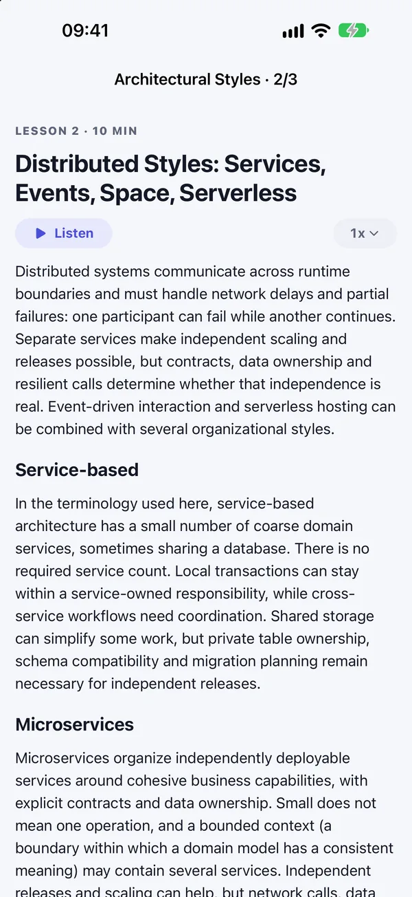 A lesson on distributed architecture styles, with a Listen button and a speed menu.