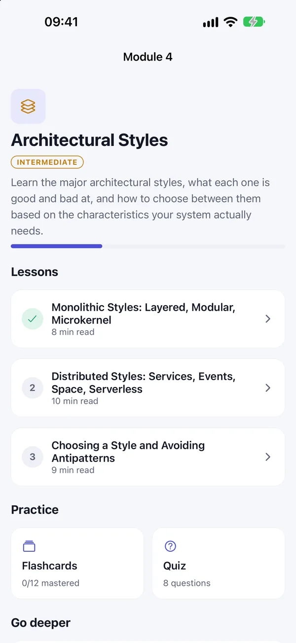 A module page with three lessons, flashcards and a quiz.