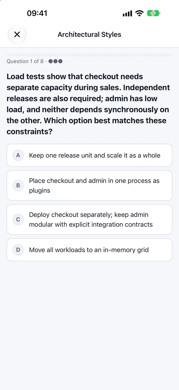 A scenario question about choosing an architecture for a new product.