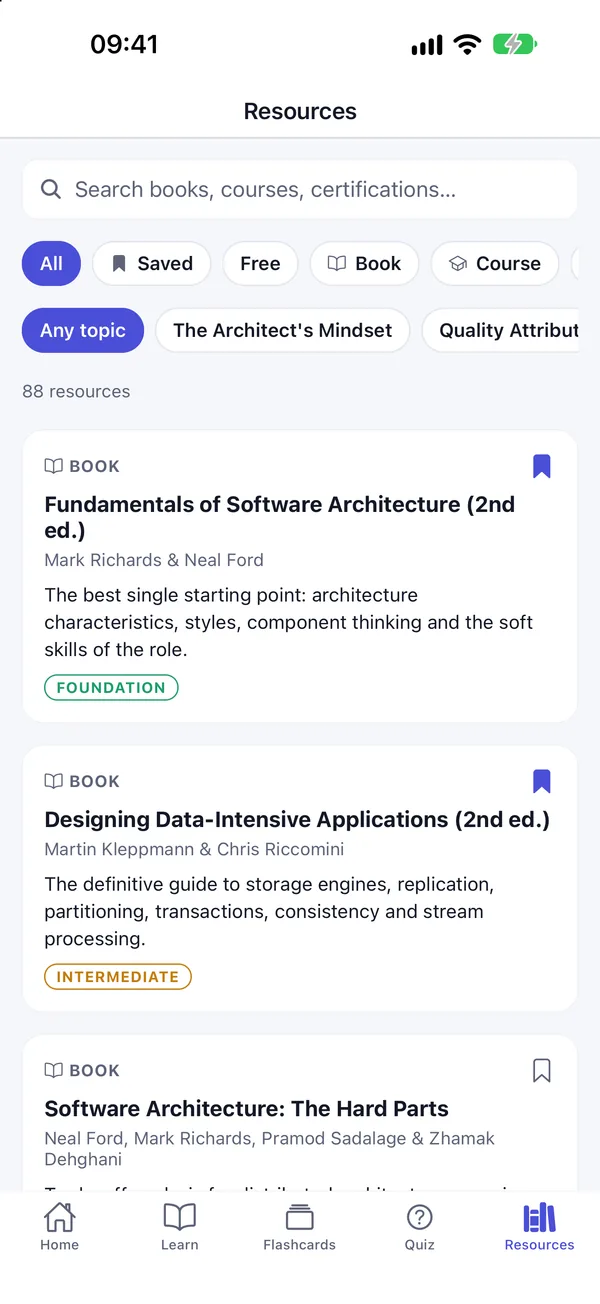 The resources library, filtered by type and topic.
